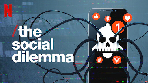 Netflix poster van the social dilemma met schedel, telefoon en bedrading.