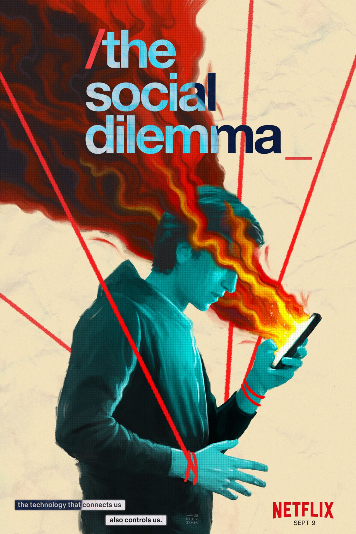 Netflix poster van the social dilemma met jongeman die in telefoon wordt gezogen.